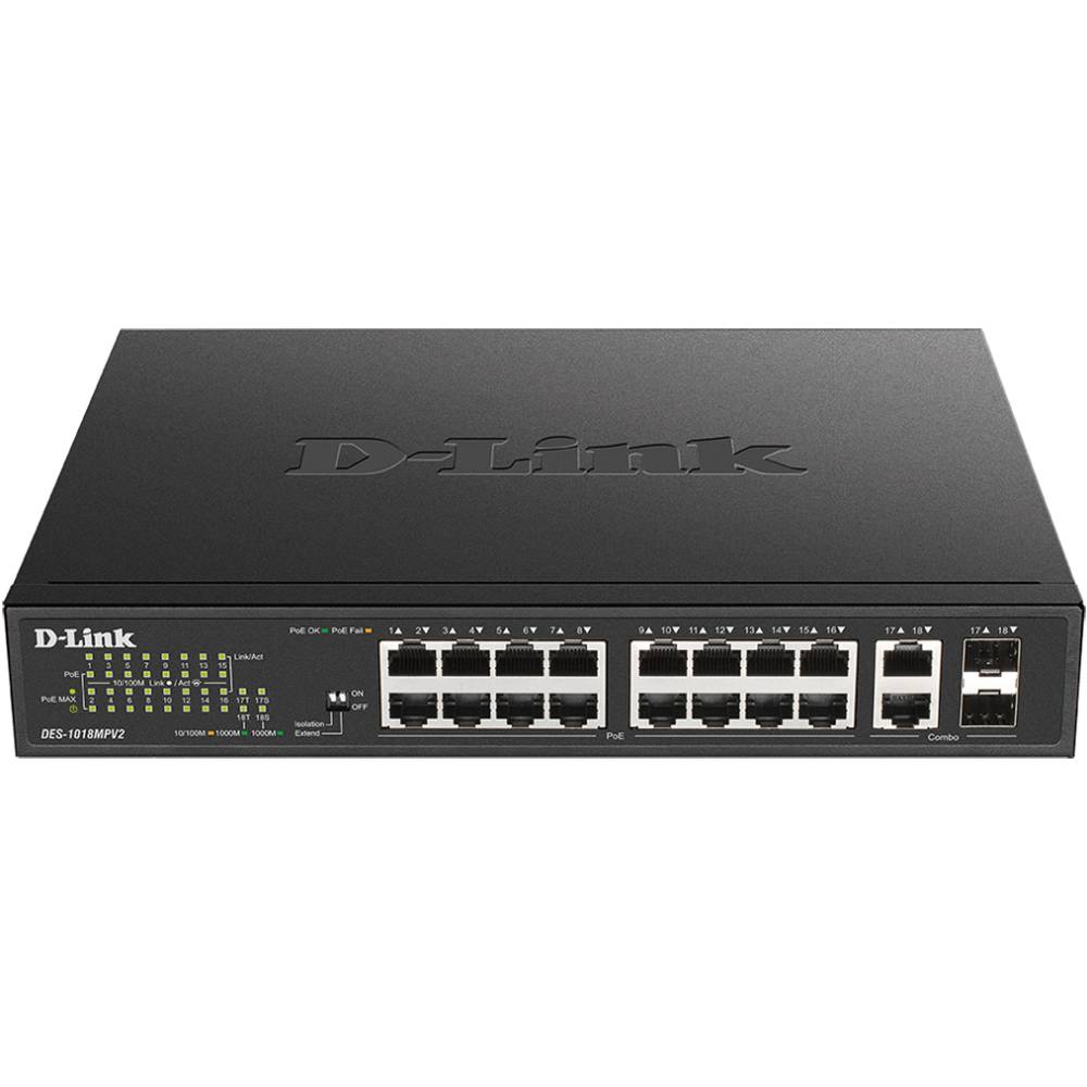 

Коммутатор D-LINK DES-1018MPV2, DES-1018MPV2 16xFE PoE, 2xSFP/GE, 246W