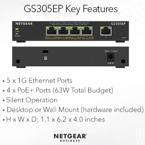 Фото Комутатор NETGEAR GS305EP 4xGE PoE+(63Вт) 1xGE (GS305EP-100PES)