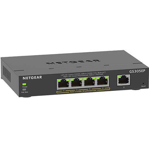 Комутатор NETGEAR GS305EP 4xGE PoE+(63Вт) 1xGE (GS305EP-100PES) Ширина/висота корпусу 158 х 27