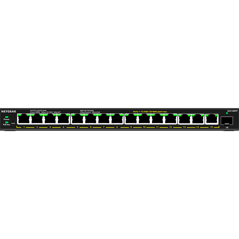 Комутатор NETGEAR GS316EPP 15x1GE PoE+ 231 Вт (GS316EPP-100PES) Форм-фактор настільний