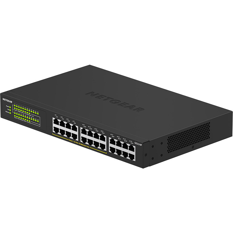 Комутатор NETGEAR GS324P 16xGE PoE+ 190 Вт (GS324P-100EUS) Порти комутатора 16 портов 10/100/1000 Мбит/с Gigabit Ethernet с поддержкой PoE+, с автоопределением скорости и разъемами RJ-45; 8 портов 10/100/1000 Мбит/с Gigabit Ethernet с автоопределением скорости и разъемами RJ-45