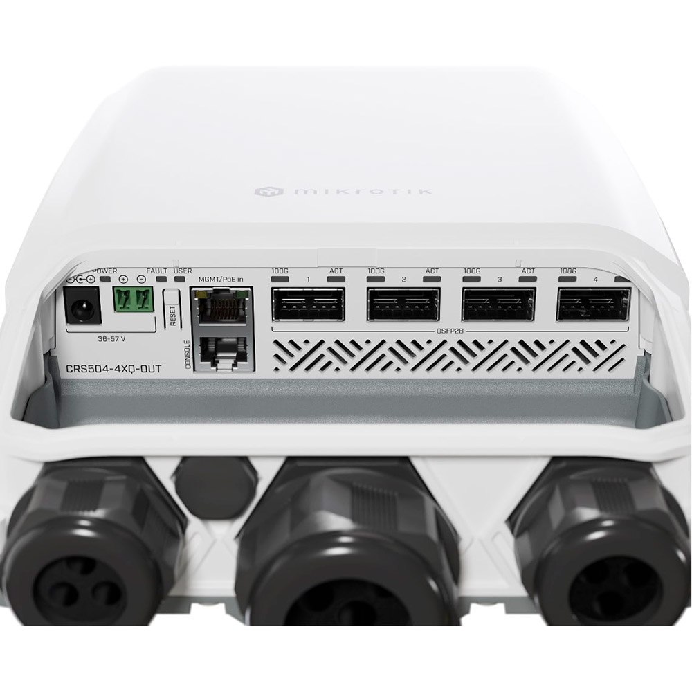 Коммутатор MIKROTIK Cloud Router Switch CRS504-4XQ-OUT Порты коммутатора консольний порт RJ45, Fast Ethernet, 4 х 100G QSFP28