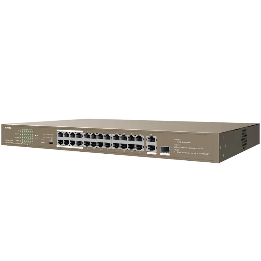 Коммутатор TENDA TEF1126P 250W (225W) 24-port PoE 100M + 1G/SFP Switch (TEF1126P-24-250W) Тип неуправляемый