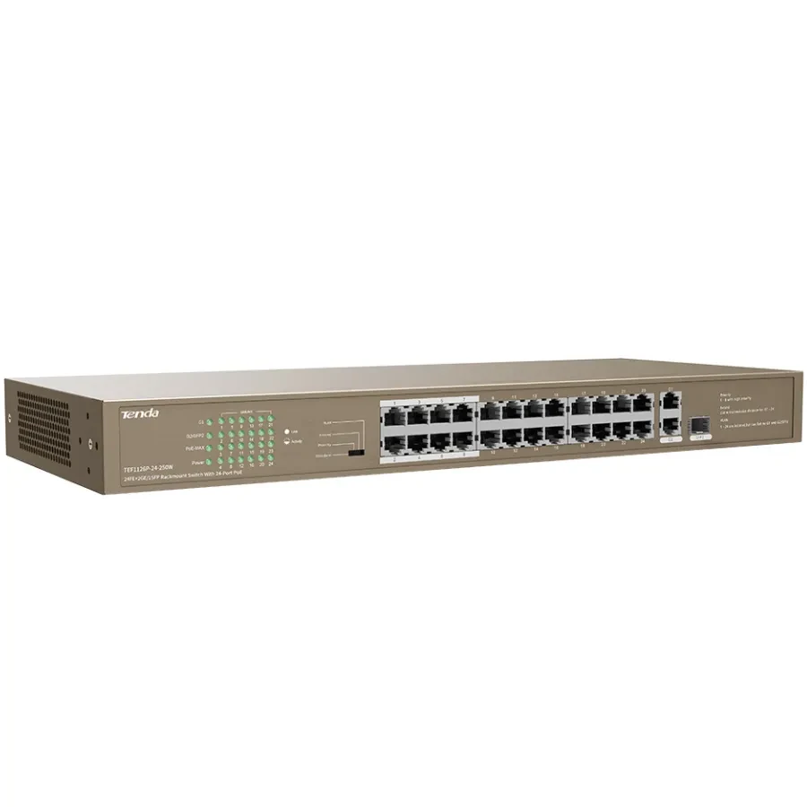 Коммутатор TENDA TEF1126P 250W (225W) 24-port PoE 100M + 1G/SFP Switch (TEF1126P-24-250W) Форм-фактор монтируемый в стойку