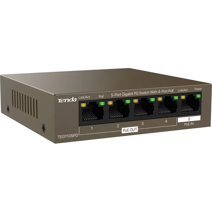 Коммутатор TENDA TEG1105PD 5-Port Gigabit PoE-IN/PoE-OUT Extender (1in/4out) (TEG1105PD) Форм-фактор настольный