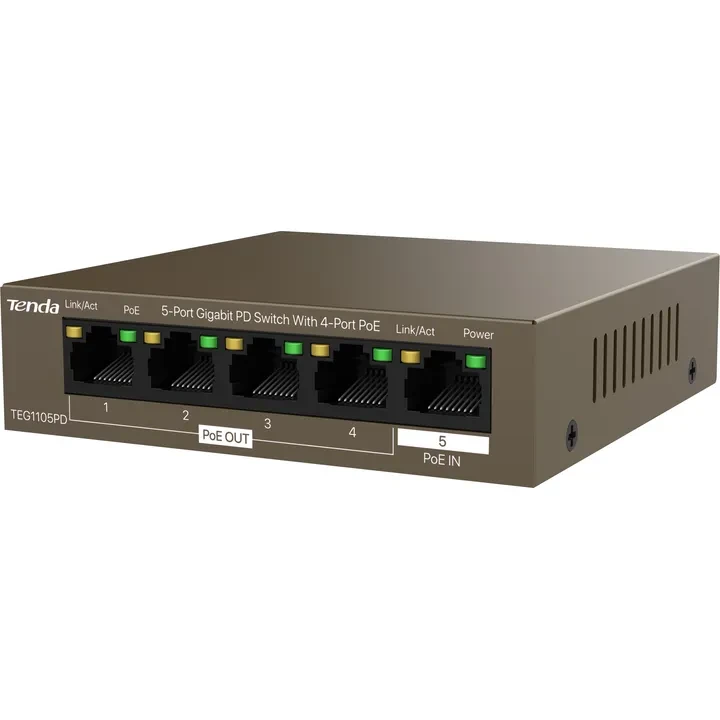 Коммутатор TENDA TEG1105PD 5-Port Gigabit PoE-IN/PoE-OUT Extender (1in/4out) (TEG1105PD) Тип неуправляемый