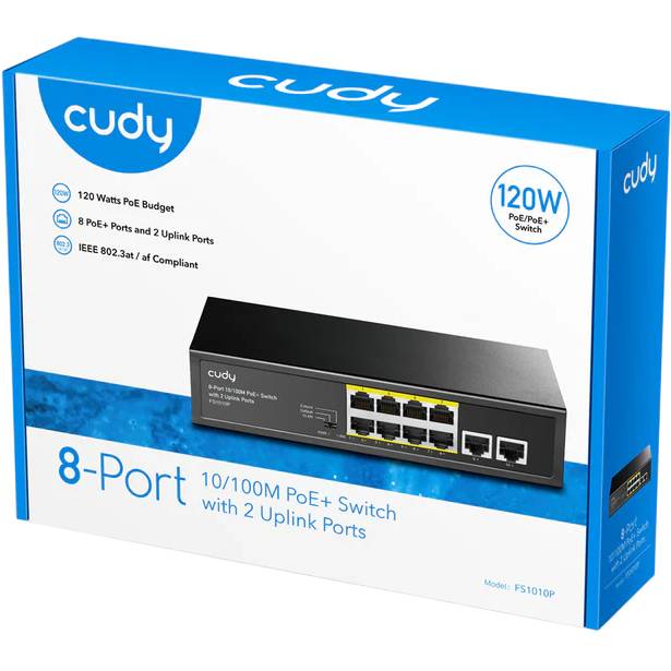 Коммутатор CUDY FS1010P PoE+ Switch with 2 Uplink Ports 120W Порты коммутатора Порти 10/100 Мбіт/с RJ45х2; Порти 10/100 Мбіт/с RJ45 PoEх8;