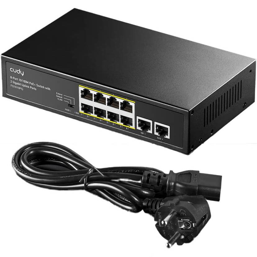 Коммутатор CUDY FS1010PG PoE+ Switch with 2 Gigabit Uplink Ports 120W Порты коммутатора Ethernet-порты (Uplink) 2 x RJ45 (10/100/1000M); Poe порт выход 8 x RJ45 (10/100M);