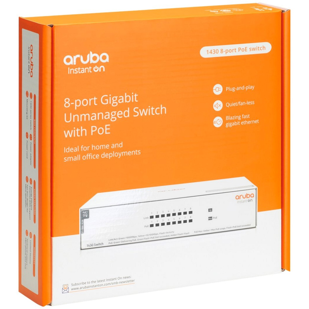 Комутатор HPE Aruba Instant On 1430 8G CL4 PoE Switch (R8R46A) Порти комутатора 8 x Gigabit Ethernet (10/100/1000 Мбіт/с)