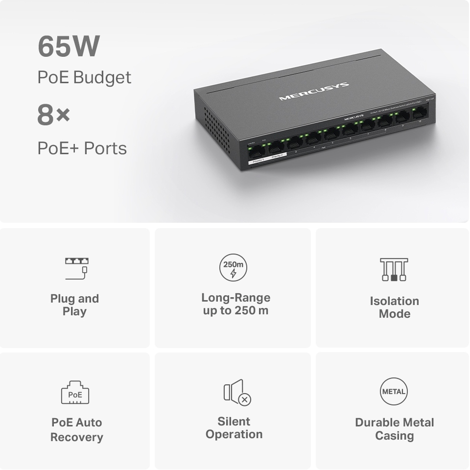 Коммутатор MERCUSYS MS110P Порты коммутатора 10 x RJ45 10/100 Мбит/с (8 портов PoE+)