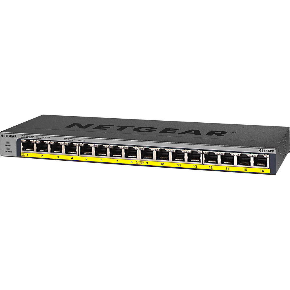 Комутатор NETGEAR 16xGE PoE 183Вт (GS116PP-100EUS) Ширина/висота корпусу 286 x 27
