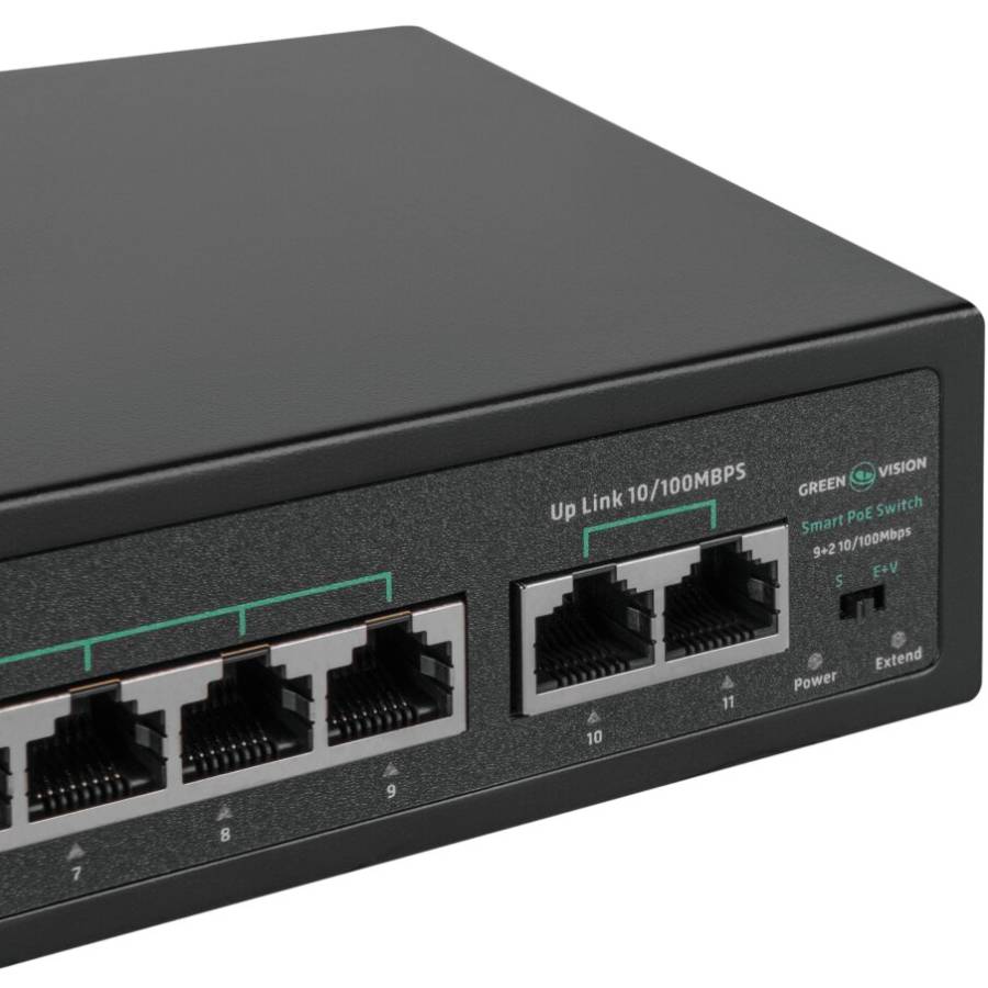 Коммутатор GREENVISION (GV-016-D-09+2P) Порты коммутатора 2 х 1GBASE-T RJ-45, 9 х 10/100Мбит/с