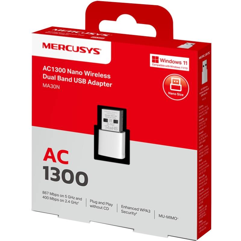 Wi-Fi адаптер MERCUSYS AC1300 Nano (MA30N) Інтерфейс USB