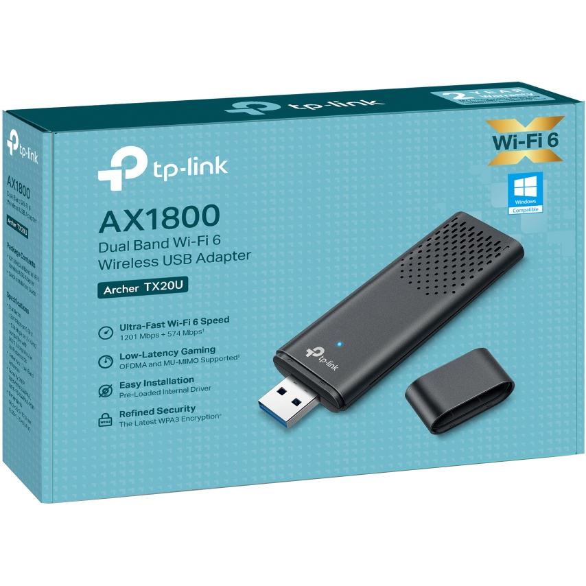 Wi-Fi адаптер TP-LINK Archer TX20U Макс. скорость передачи данных n (574 Мбит/с), ax (1201 Мбит/с)
