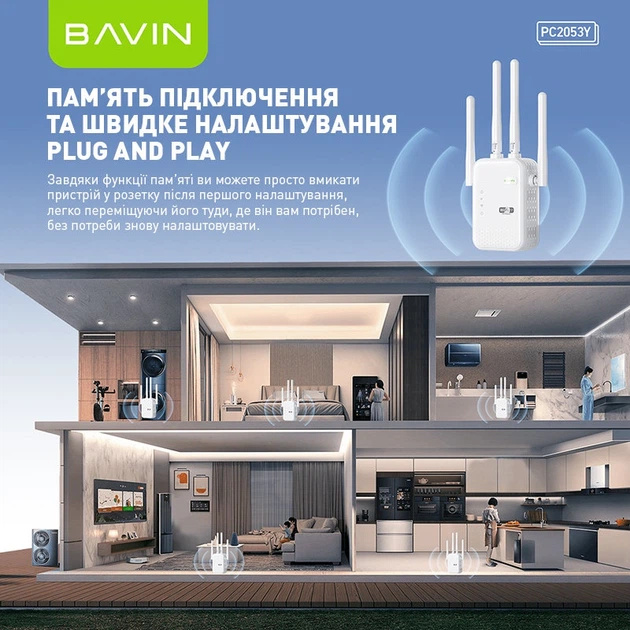 Замовити Wi-Fi повторювач BAVIN PC2053Y WiFi 2.4G 300Mbps White (C-PC2053Y WH)