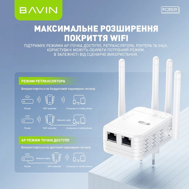 Зображення Wi-Fi повторювач BAVIN PC2053Y WiFi 2.4G 300Mbps White (C-PC2053Y WH)