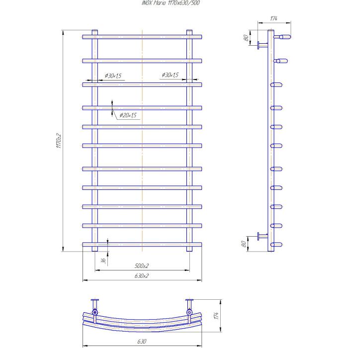 Полотенцесушитель MARIO INOX Марио 1170 х 630 мм Silver (1.8.044592.P) Управление температурой без терморегулятора