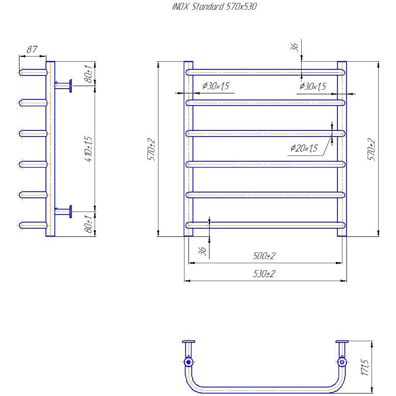 Сушка для рушників MARIO INOX Стандарт 570 х 530 мм Silver (1.8.044608.P) Управління температурою без терморегулятора