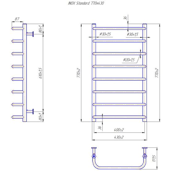 Полотенцесушитель MARIO INOX Стандарт 770 х 430 мм Silver (1.8.044609.P) Управление температурой без терморегулятора