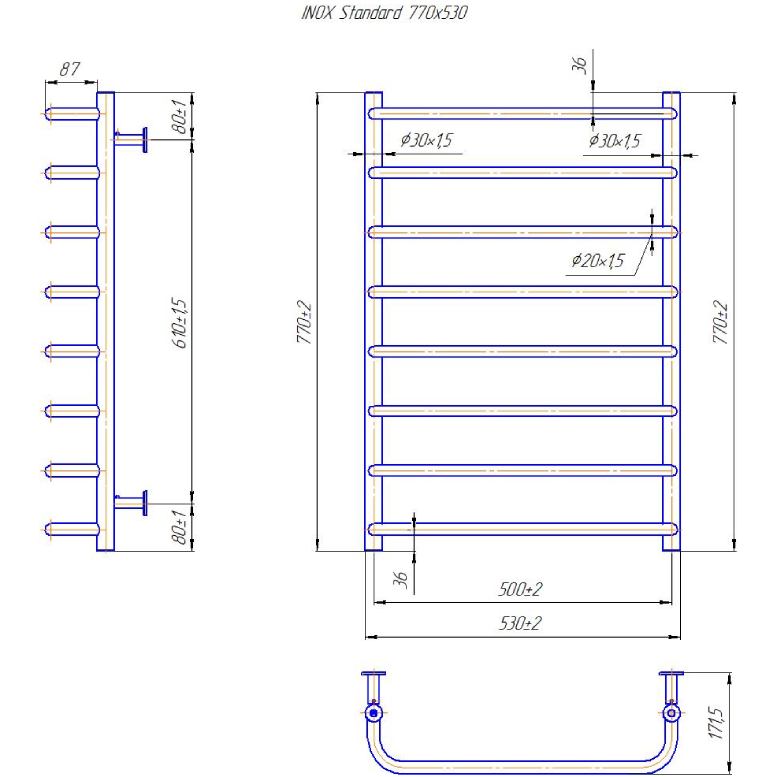 Полотенцесушитель MARIO INOX Стандарт 770 х 530 мм Silver (1.8.044610.P) Управление температурой без терморегулятора