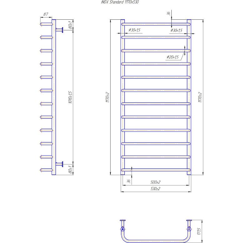 Полотенцесушитель MARIO INOX Стандарт 1170 х 530 мм Silver (1.8.044612.P) Управление температурой без терморегулятора