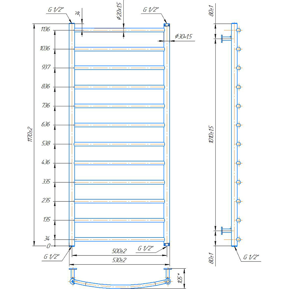 Полотенцесушитель MARIO INOX Классик 1170х530/500 (1.8.044560.P) Управление температурой без терморегулятора