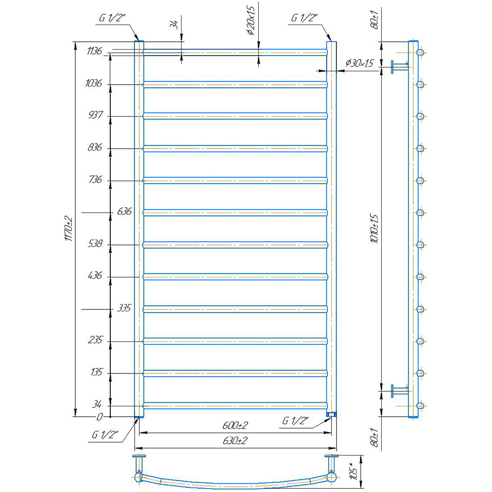 Полотенцесушитель MARIO INOX Классик 1170х630/600 (1.8.044561.P) Вид лесенка