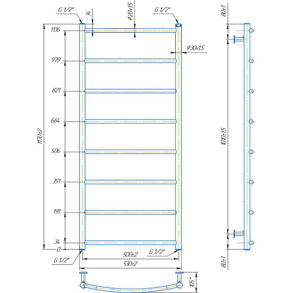 Полотенцесушитель MARIO INOX Классик HP 1170х530/500 (1.8.044572.P) Управление температурой без терморегулятора