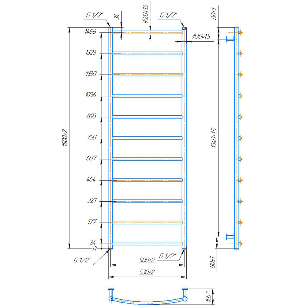Полотенцесушитель MARIO INOX Классик HP 1500х530/500 (1.8.044573.P) Вид лесенка