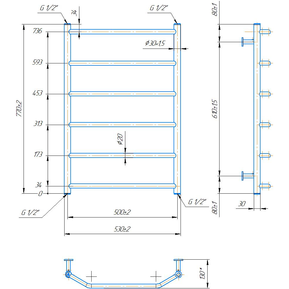 Сушка для рушників MARIO INOX Трапеція 770х530/500 (1.8.044619.P) Матеріал корпусу сталь