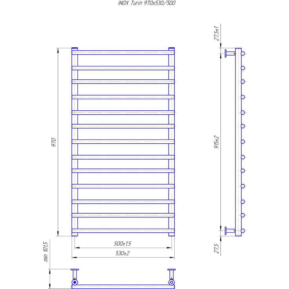 Полотенцесушитель MARIO INOX Турин 970х530/500 (1.8.044622.P) Материал корпуса сталь