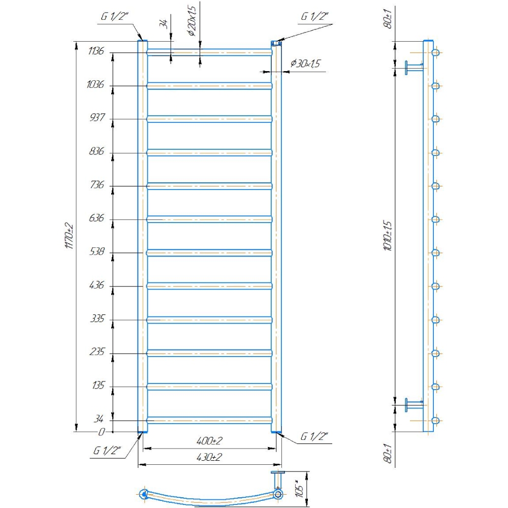 Сушка для рушників MARIO INOX Класик 1170х430/400 (1.8.044559.P) Матеріал корпусу сталь