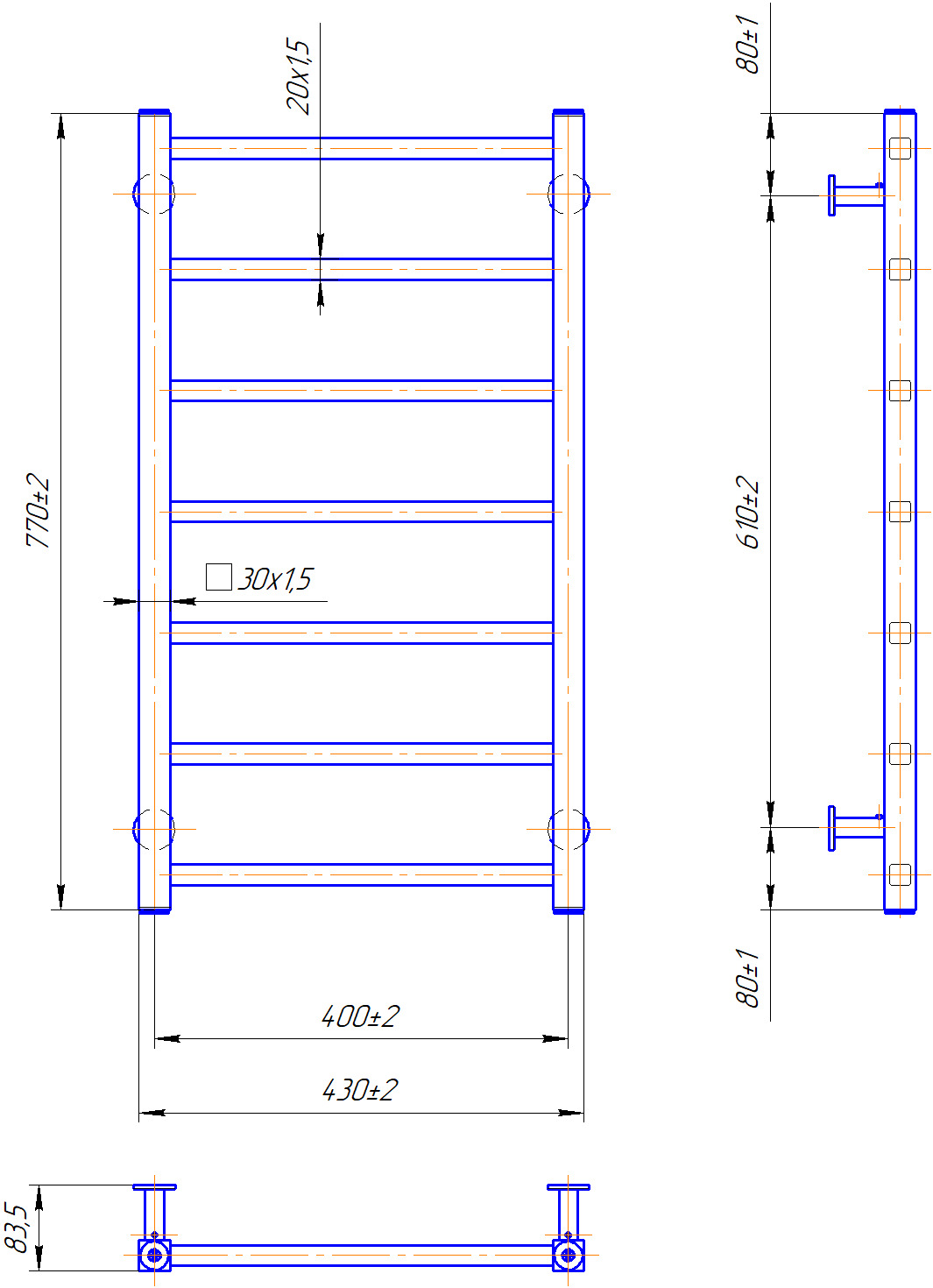 Полотенцесушитель MARIO INOX Токио 770х430/400 мм (1.7.052024.P) Вид лесенка