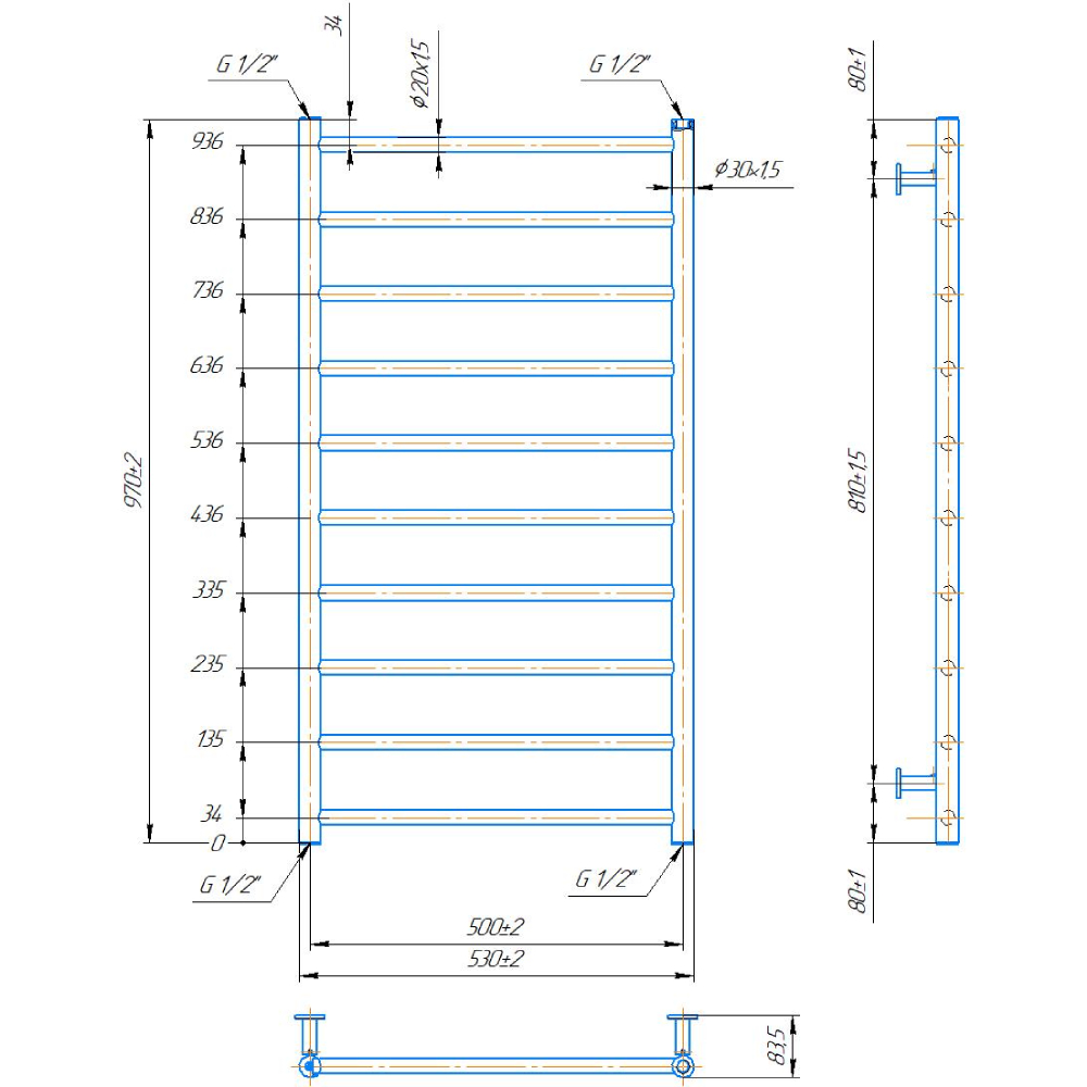 Полотенцесушитель MARIO INOX Флет 970х530/500 (1.8.044566.P) Материал корпуса сталь