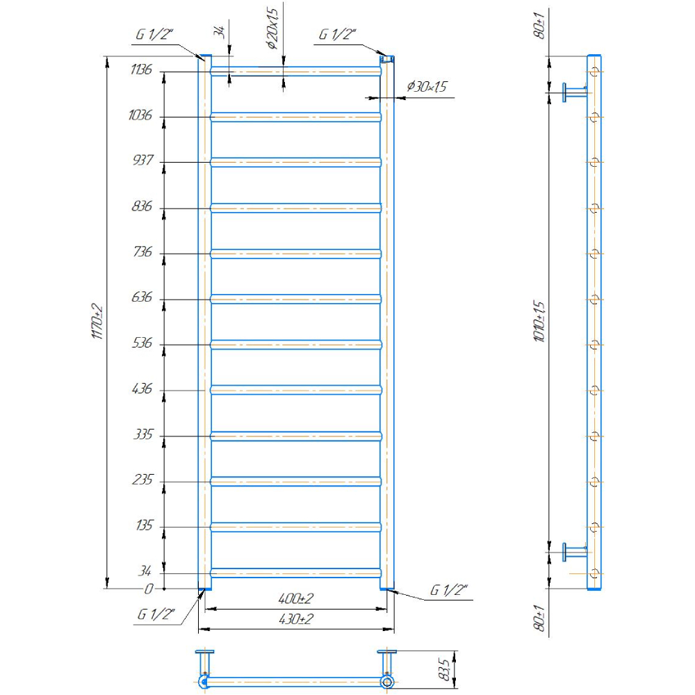 Полотенцесушитель MARIO INOX Флет 1170х430/400 (1.8.044567.P) Количество секций 12