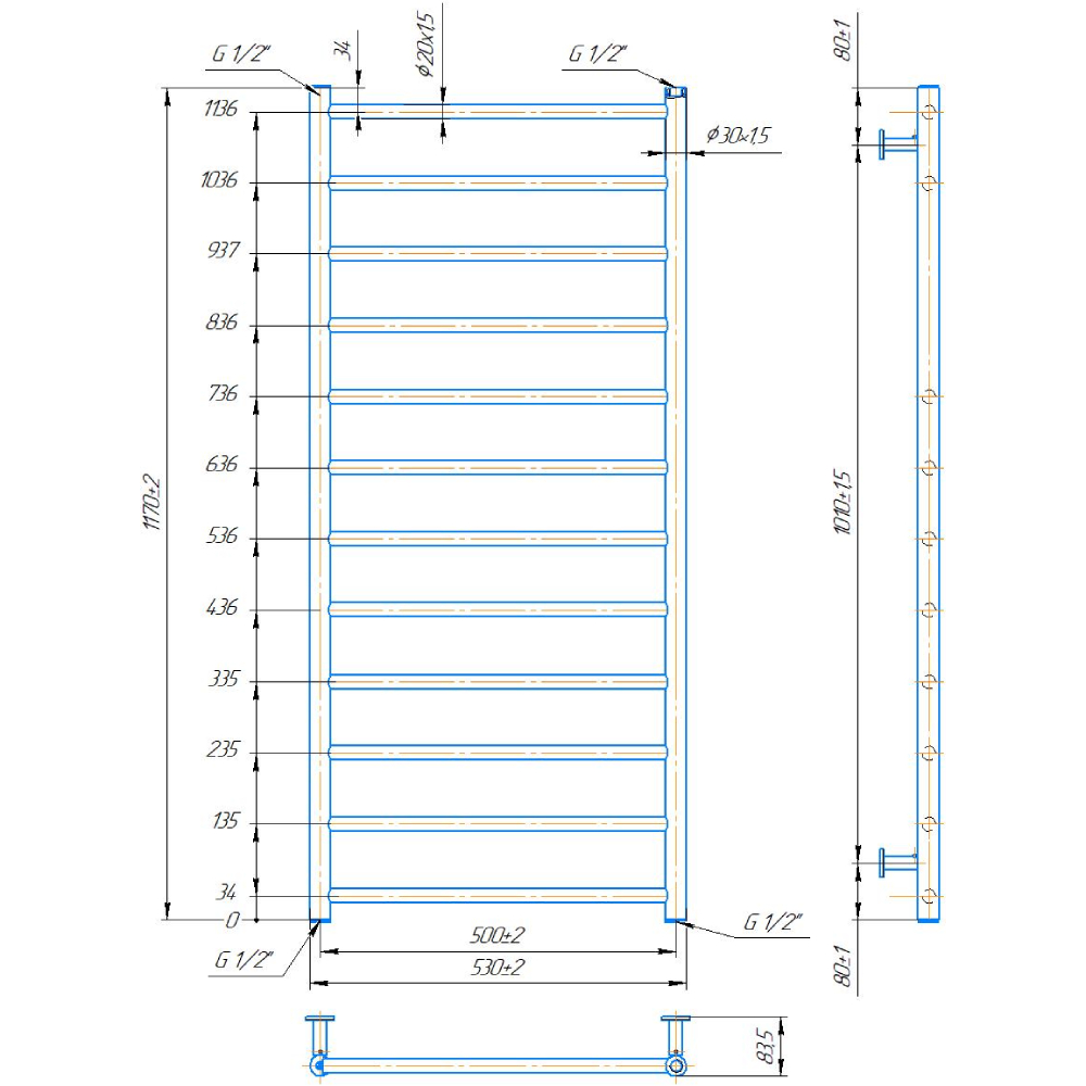 Полотенцесушитель MARIO INOX Флет 1170х530/500 (1.8.044568.P) Количество секций 12