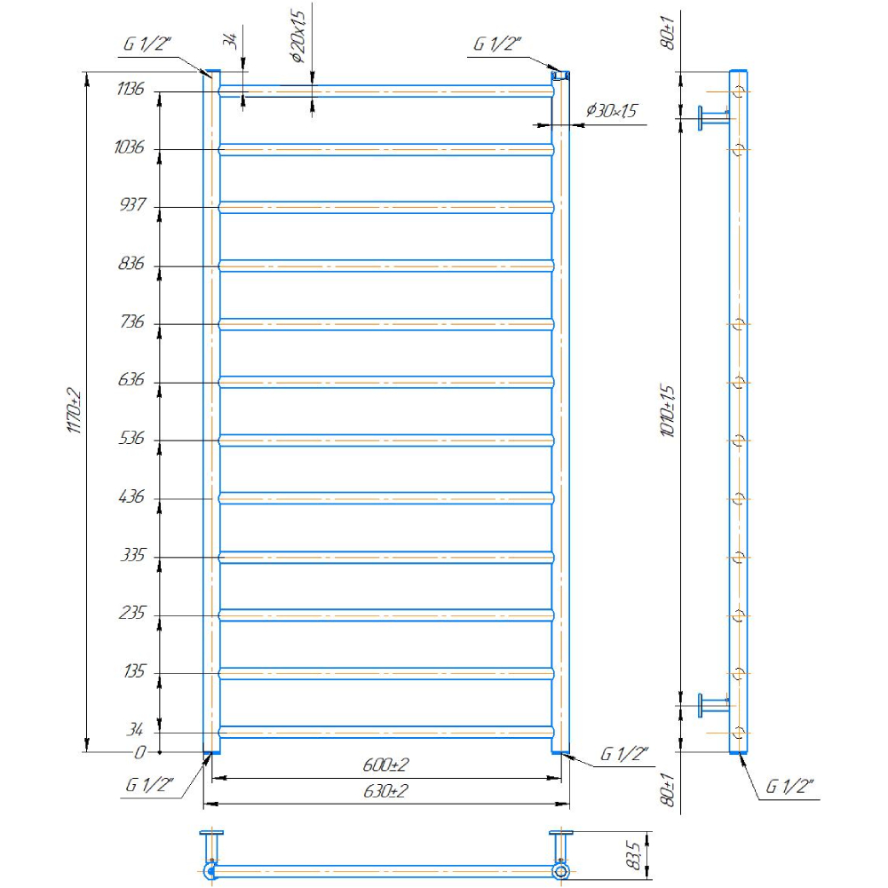 Полотенцесушитель MARIO INOX Флет 1170х630/600 (1.8.044724.P) Материал корпуса сталь