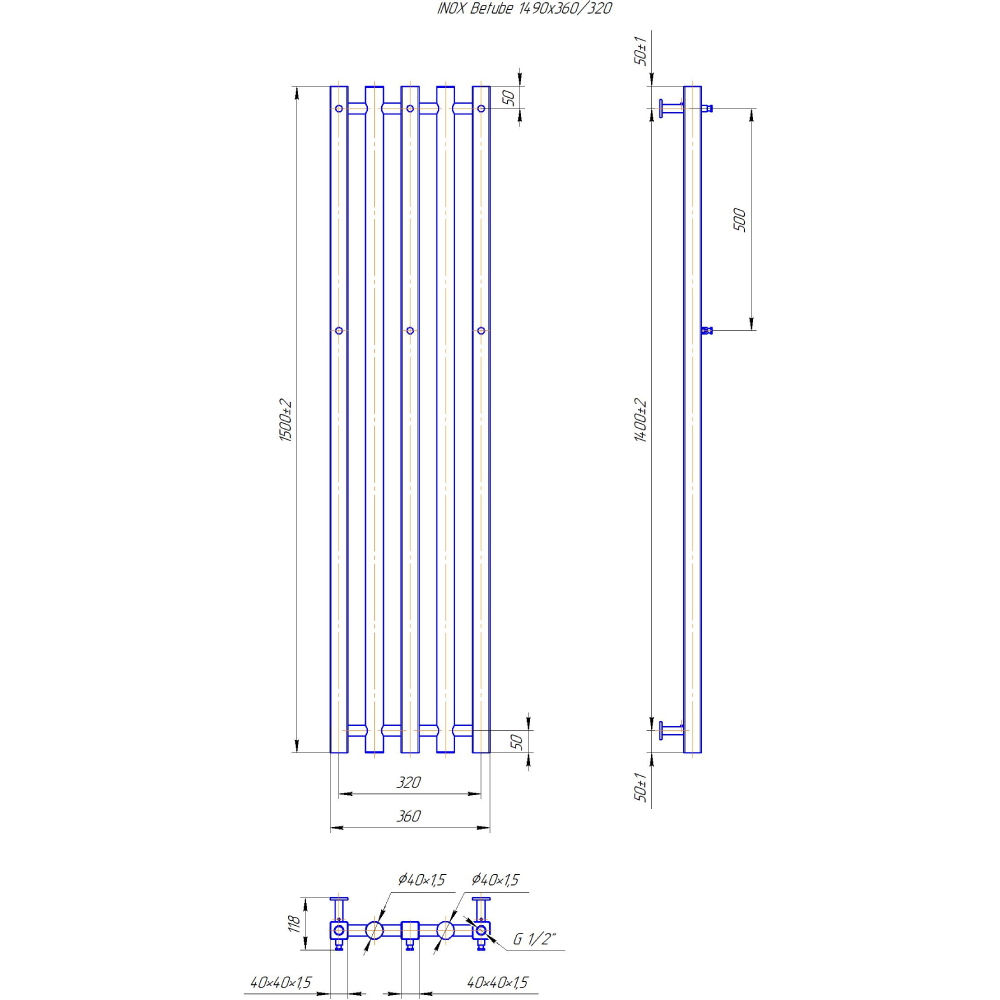 Полотенцесушитель MARIO INOX Битуб 1490х360/320 (1.7.044545.P) Материал корпуса сталь