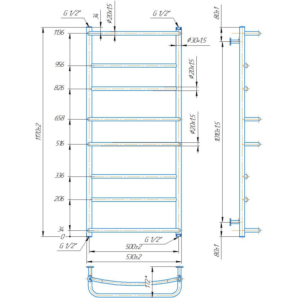 Сушка для рушників MARIO INOX Люкс HP 1170х530/500 (1.8.044584.P) Матеріал корпусу сталь