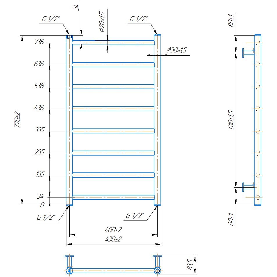Полотенцесушитель MARIO INOX Флет 770х430/400 (1.8.044564.P) Материал корпуса сталь