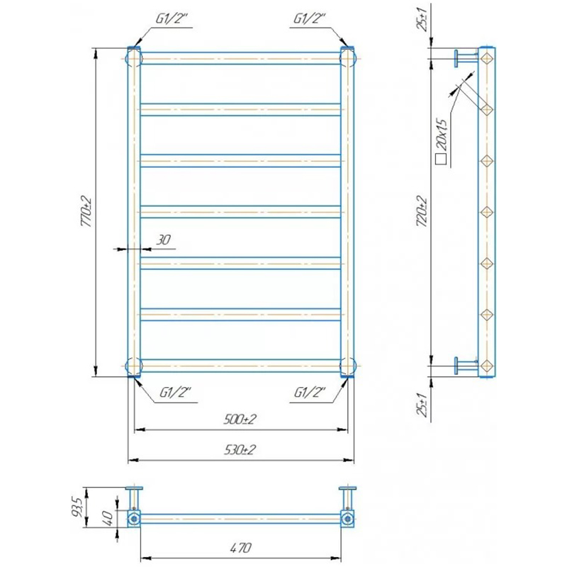 Полотенцесушитель MARIO INOX Киото 770х530/500 (1.7.044553.P) Управление температурой без терморегулятора