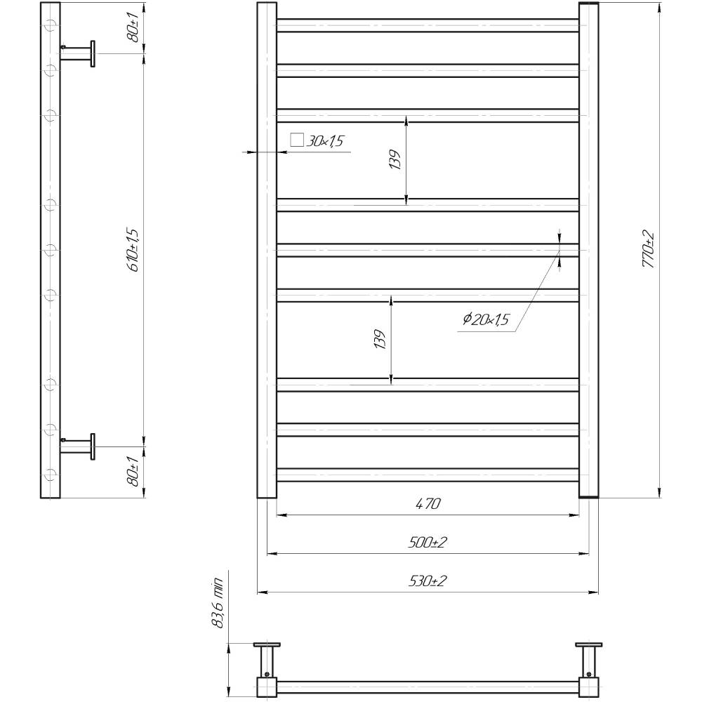 Сушка для рушників MARIO INOX Преміум Класик 770х540/500 (1.7.044598.P) Вид драбинка