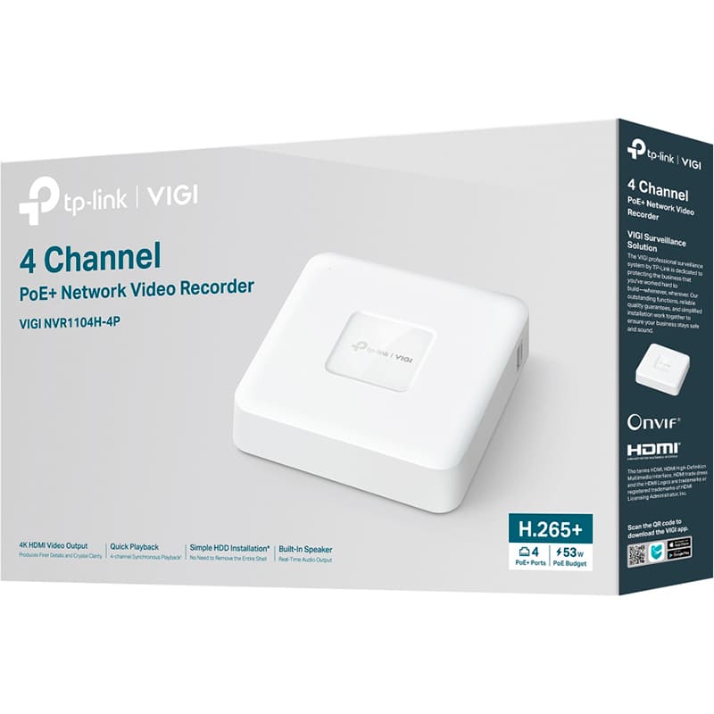Мережевий відеореєстратор TP-LINK VIGI NVR1104H-4P Макс. к-сть підключених до хабу камер 4