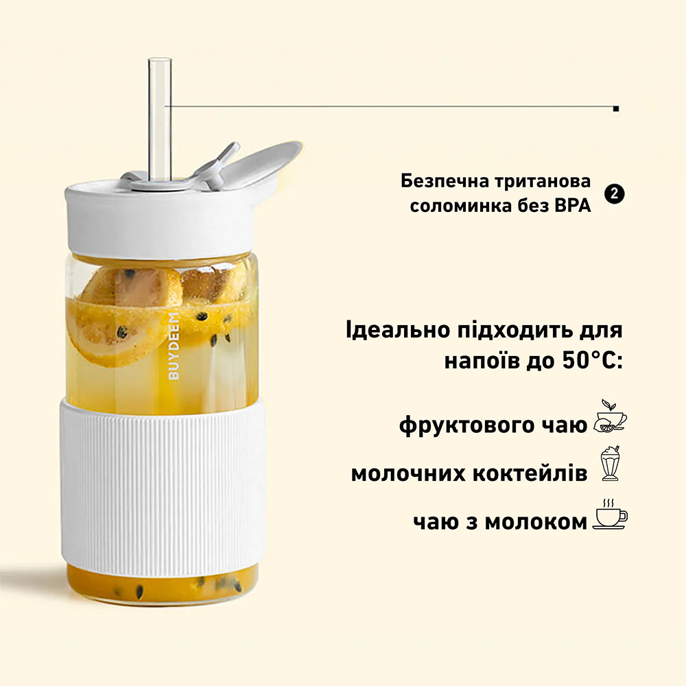 Пляшка для води BUYDEEM Portable Glass Straw Bottle 500мл Oats White (CD1017-OW) Тип для зберігання