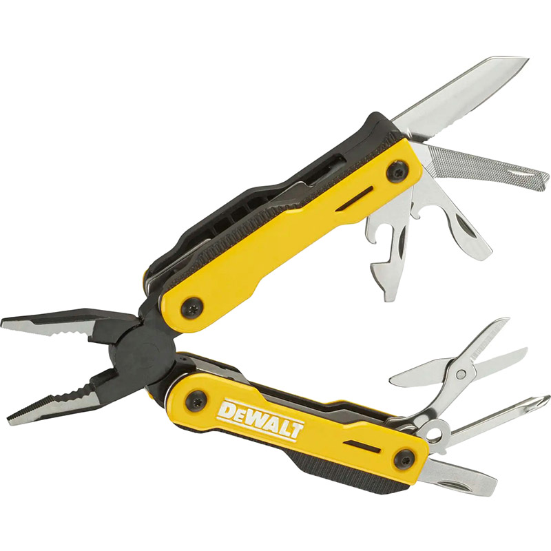 Мультитул DEWALT DWHT0-71843 MULTI-TOOL 16 в 1100 мм Інструменти в комплекті плоскогубці 3 в 1, ніж 2 в 1, консервний ніж, відкривачка для пляшок, пристрій для зачистки проводів (стрипер), ножиці, викрутка PH2, викрутки під шліць (3 розміри), кільце кріплення, напилок, лінійка