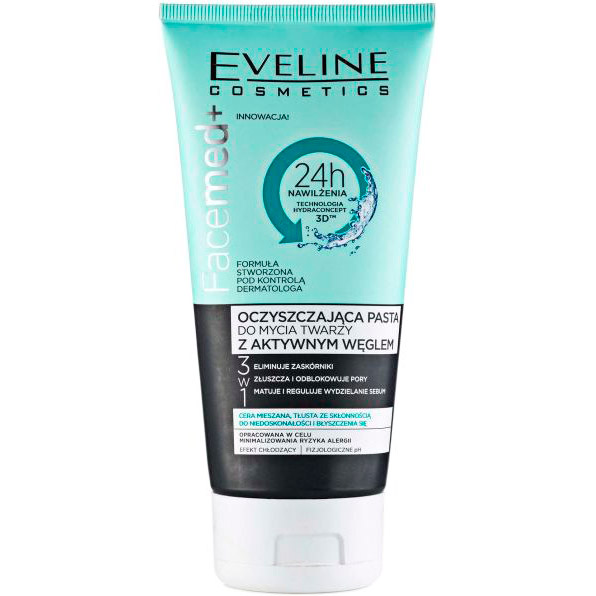 

Паста глубоко очищающая EVELINE COSMETICS 3в1 черный уголь 150мл FACEMED+, Глибоко очищаюча паста для вмивання
