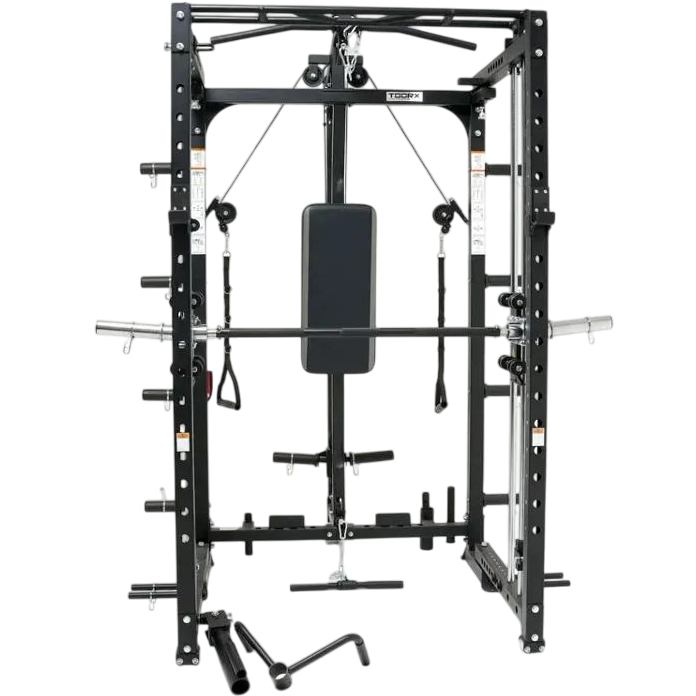 Мультистанція TOORX All-in-One ASX-3000 Black (ASX-3000) Комплектація 2 J-подібні тримачі, 2 страхувальні упори з валиками для ніг, турнік для підтягувань, паралельні бруси, тримач для грифа, 8 тримачів для дисків діаметром 5 см і 2,5 см, 12 пружинних замків, 4 пружинних замків landmine