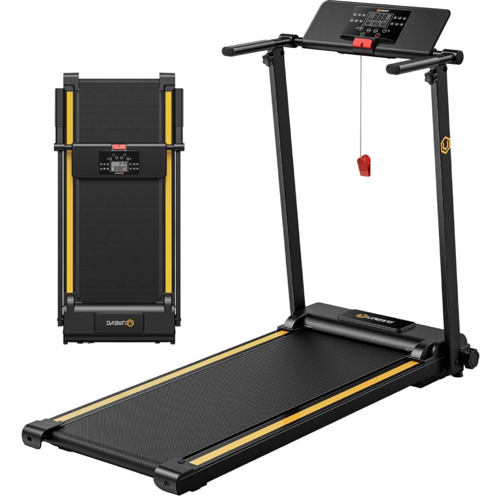 Бігова доріжка UREVO Foldi Mini Black URTM006 (1120869) Додатково Максимальна швидкість 10 км/год; Потужність двигуна 2.25 л.с.; Довжина полотна 104 см; Ширина полотна 38 см; 	Габарити у складеному вигляді: 66 x 122 x 14 см; Підтримка програми UREVO APP;