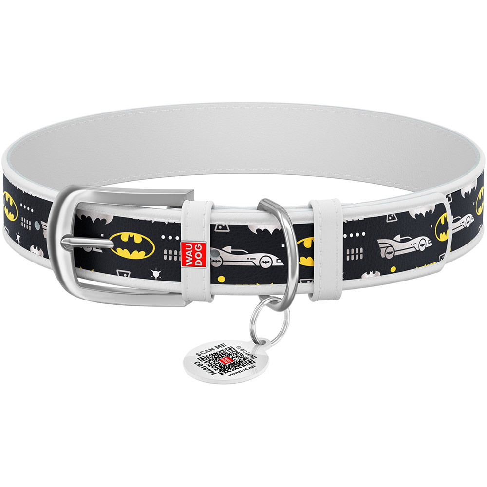 

Ошейник для собак WAUDOG Design с QR паспортом рисунок Бэтмен 3 DC Comics металлическая пряжка размер XL длина 46-60 см ширина 35 мм White (0035-1005-15), Нашийник шкір. Design з QR пасп., "Бетмен3", Ш 35