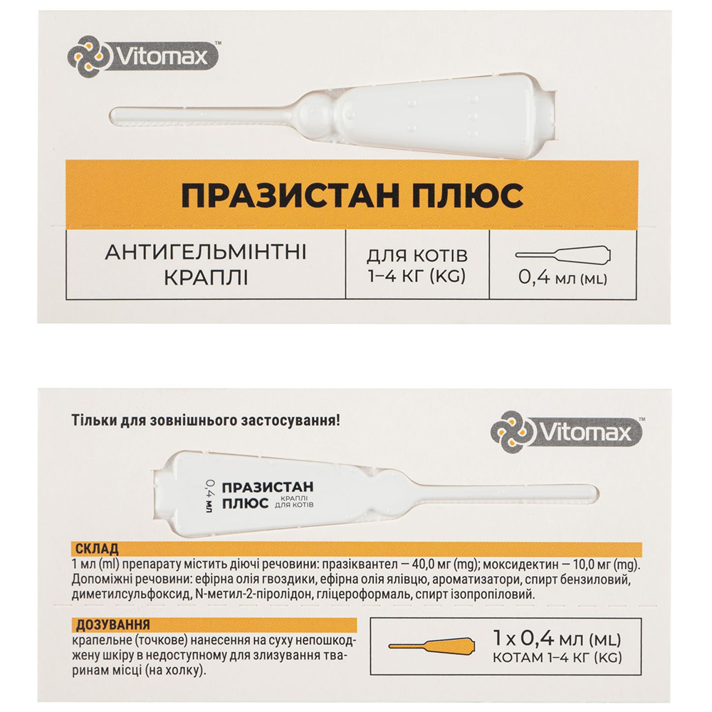 Антигельмінтний препарат VITOMAX для котів 1-4 кг, 0,4 мл (4820195040904) Призначення від зовнішніх та внутрішніх паразитів